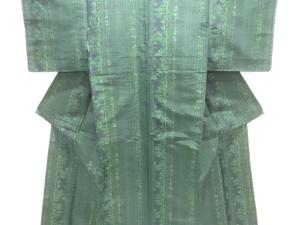 未使用品　縞に竹笹模様織り出し手織り紬着物